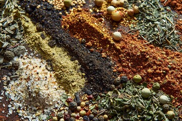 Poster - A close-up image of various spices, including black pepper, garlic powder, paprika, and dried herbs, arranged in rows on a kitchen counter. Generative AI