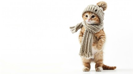 Happy kitten wearing a warm hat and knitted scarf standing on hind legs and looking at camera isolated on white background : Generative AI