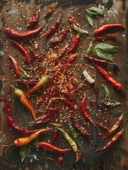 Poster - A variety of red, orange, and green chili peppers, both fresh and dried, are scattered across a rustic wooden surface. Generative AI