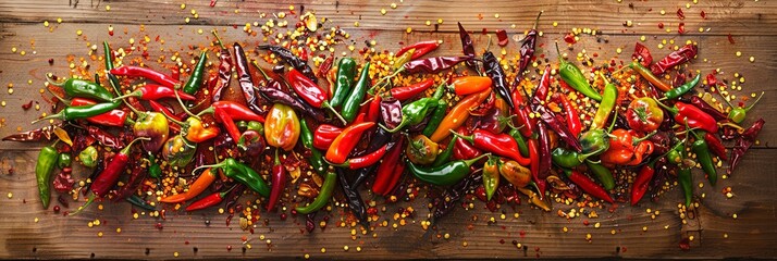 Poster - A close-up of a variety of fresh and dried chili peppers arranged on a rustic wooden surface. The peppers are a mix of colors and sizes, creating a visually stunning display. Generative AI