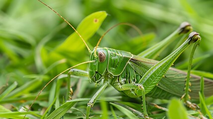 Poster - Tettigonia viridissima Great green bushcricket Female Nymph sitting on grass long horned grasshoppers insect large species of katydid or bushcricket Scientific Tettigoniidae : Generative AI