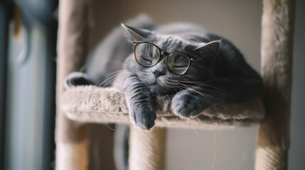 Poster - Gray cat wearing glasses laying on a cat tree with face looking down with cool pose : Generative AI
