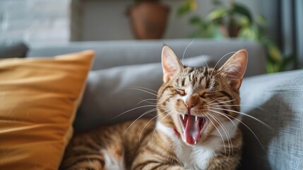 Poster - brown and white cat yawning on a sofa close up : Generative AI