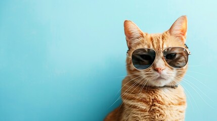 Aufkleber - Portrait of cute ginger cat in stylish sunglasses on light blue background closeup : Generative AI