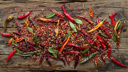 Poster - A collection of fresh and dried chili peppers arranged on a rustic wooden surface. The vibrant colors and textures of the various peppers create a captivating visual display. Generative AI