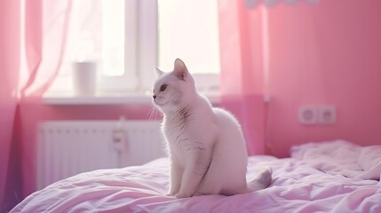 Poster - A white British cat sits on the owners bed in the bedroom Pink room Photo : Generative AI