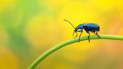 Poster - Macro photography of a tiny blue beetle walking on a stem  of a wild plant in a field near the town of Arcabuco in central Colombia : Generative AI