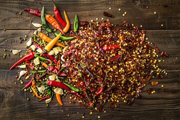 Poster - A close-up photo showcasing a vibrant mix of fresh and dried chili peppers arranged on a rustic wooden surface. Generative AI