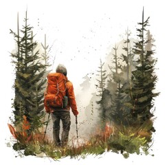 Wall Mural - A man hiking in the forest, nature exploration, photorealism, isolated on a white background