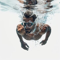 Wall Mural - A man swimming in an underwater scene, hyper-realistic, isolated on a white background
