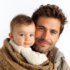 A man holding a baby, family theme, heartwarming realism, isolated on a white background