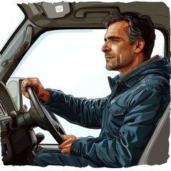 Wall Mural - A man driving a car, urban commute, lifelike detail, isolated on a white background