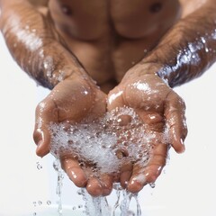 Wall Mural - A man washing hands in a hygiene routine, clear detail, isolated on a white background