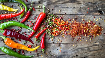 Poster - A close-up view of fresh and dried chili peppers, showcasing a vibrant array of colors, textures, and shapes. Generative AI