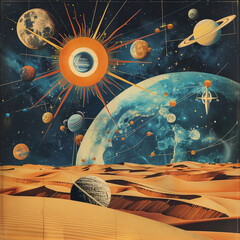 surreal modern poster for printing with elements of astrology, space, sun and moon, woman's portrait