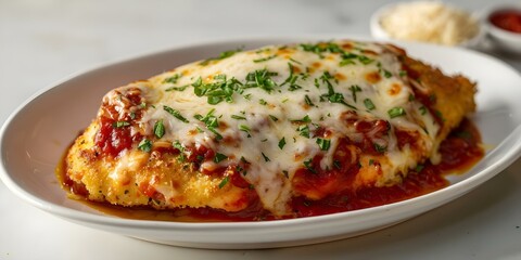 Wall Mural - Delicious Chicken Parmigiana on a White Background Appetizing Food Photography. Concept Food Photography, Chicken Parmigiana, Appetizing, White Background, Delicious