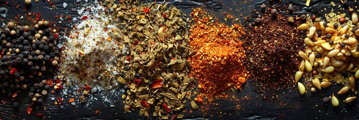 Aufkleber - A close-up view of a collection of spices, including black pepper, salt, dried herbs, paprika, and garlic, spread across a black surface. Generative AI