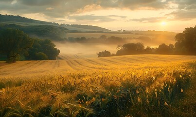 Wall Mural - Golden Fields at Dusk Tranquil Rural Panorama