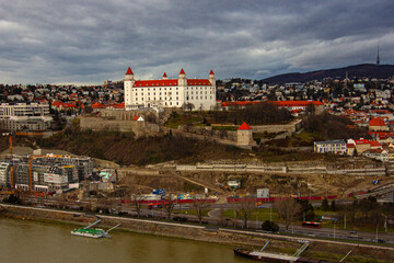 View from the observation deck of the Ufo tower on the Bratislava Castle (Slovak: Bratislavský hrad), Danube river and old town of Bratislava, Slovakia
