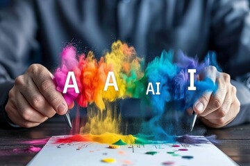 Poster - Abstract AI head with colorful powder explosion representing artificial intelligence and creativity in a futuristic concept 3D rendering white background vibrant colors dynamic motion