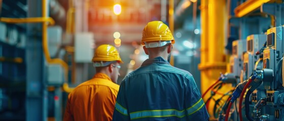 Engineers in Industrial Facility. Two engineers wearing safety gear working inside an industrial facility, highlighting the infrastructure and machinery.