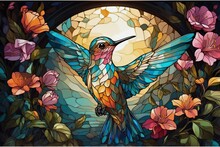 ハチドリと蘭の花 ヴィンテージ ステンドグラス レア作 マージョリン・バスティン マージョリン・バスティン ヴィンテージ ステンドグラス 春の花