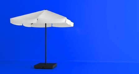 Bright White Outdoor Cafe Restaurant Beach Umbrella Blue Isolated Background.