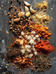 Poster - A variety of spices and garlic cloves laid out on a kitchen countertop, ready to be used for grilling. Generative AI