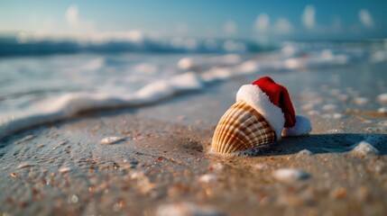 Wall Mural - A small seashell with a red hat on it is laying on the beach