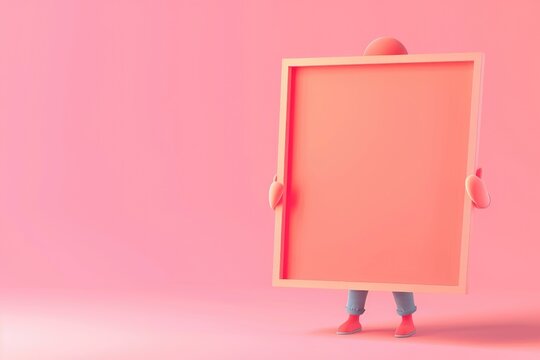 Playful 3D Cartoon Character Holding Blank Frame on Pink Background - Perfect for Creative Designs, Posters, and Cards