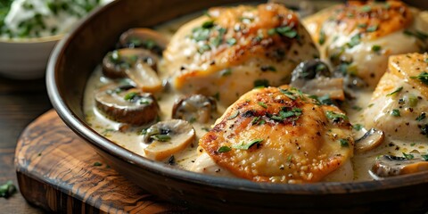 Wall Mural - Chicken Fricassee in White Wine Cream Sauce with Mushrooms Served on a Wooden Table. Concept Food Photography, Chicken Recipe, White Wine Cream Sauce, Cooking Inspiration, Rustic Table Setting