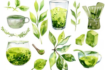 Wall Mural - set of green tea and tea accessories including a cup, tea strainer, glass and matcha whisk