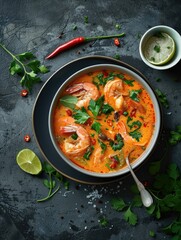 Wall Mural - A warm bowl of soup filled with shrimp, cilantro, and other ingredients