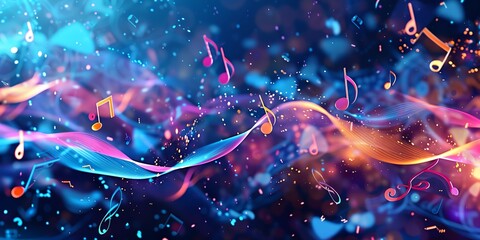 Poster - colorful background with musical notes and streamers of light