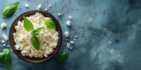 Wall Mural - bowl of cottage cheese with basil leaves on a blue background