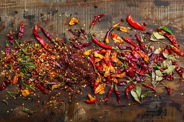 Poster - A close-up view of various types of chili peppers, both fresh and dried, arranged on a rustic wooden surface. The peppers are vibrant in color and range from red to orange to green. Generative AI