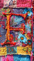 Colorful quilt with a letter F. It has a variety of patterns and designs, including a significant amount of stitched and embroidered elements.