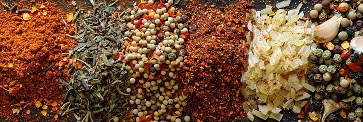 Aufkleber - A close-up of various spices arranged on a kitchen counter, including paprika, black pepper, garlic powder, dried herbs, and more. Generative AI