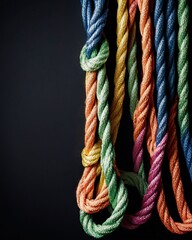 Colorful ropes background. A group of colorful ropes coming together to form a direction arrow. Teamwork concept. Working team unity and teamwork concept as a business.