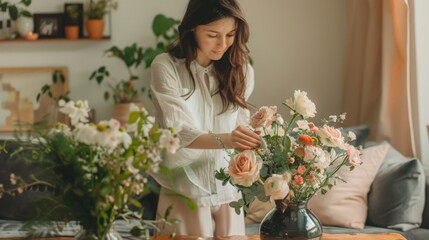 Poster - A woman in a white shirt carefully arranges a bouquet of flowers in a vase. She is surrounded by plants in a living room setting, creating a peaceful and beautiful atmosphere.