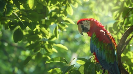 Wall Mural - Colorful Macaw Parrot in Tropical Landscape with Mountains and Flowers. Concept of Nature, Wildlife, Exotic Birds