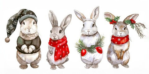 Wall Mural - Watercolor illustration of Christmas rabbits with festive clothing and accessories. Concept of holiday cheer, animal friends, winter celebration, festive pets, Christmas. Isolated on white background