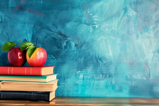 Two red apples sitting on a stack of books in front of a blank chalkboard, back to school concept