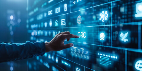 Poster - futuristic digital icons representing important business concepts: governance, risk, compliance, set