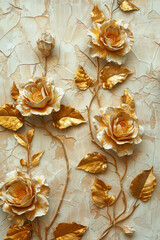 Wall Mural - Decorative wall design with golden roses and leaves on textured plaster background. Beautiful and elegant pattern with flowers