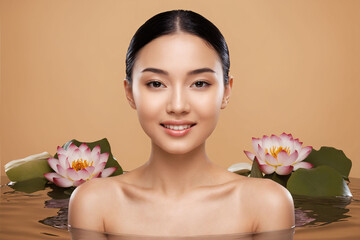 Beautiful young Asian woman with clean fresh skin on beige background, Face care, Facial treatment, Beauty woman healthy skin natural make up, Cosmetology, beauty and spa, Asian women portrait