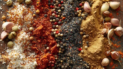 Aufkleber - A close-up shot of various spices for grilling, arranged in rows. Generative AI