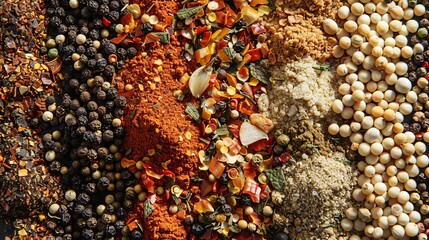 Poster - A close-up image of various grilling spices, including black peppercorns, garlic powder, paprika, and dried herbs, arranged in rows on a kitchen surface. Generative AI