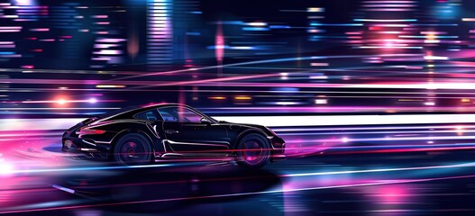 Poster - Futuristic sports car illuminated by dynamic neon lights - an example of modern automotive design