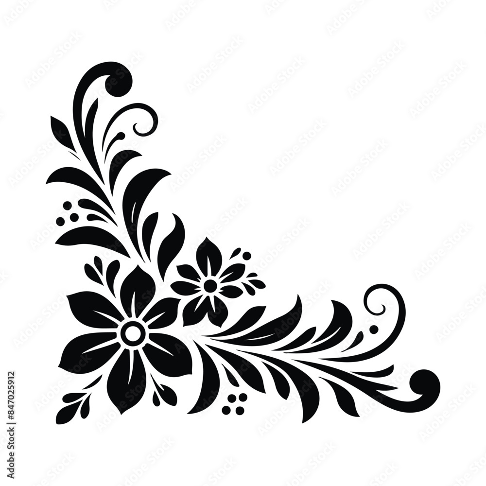 Floral corner border black silhouette vector with white color ...